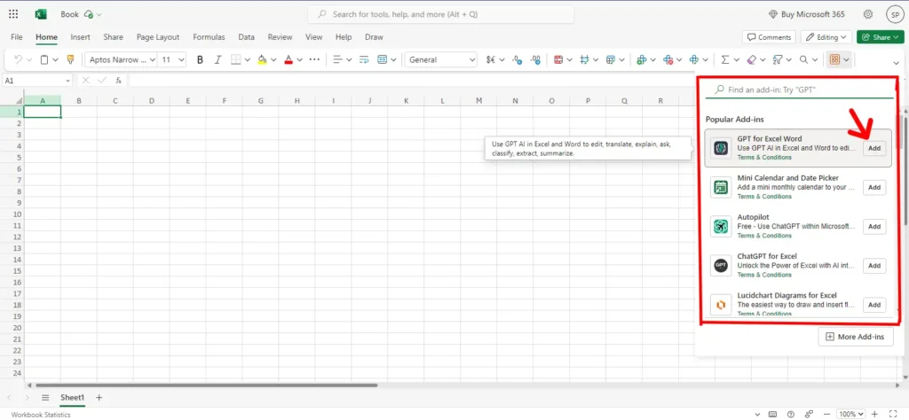 Install the add-in GPT for Excel Word
